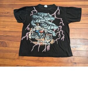 Vintage American Thunder Leader of the Pack Wolf Motorcycle Lightning Shirt L